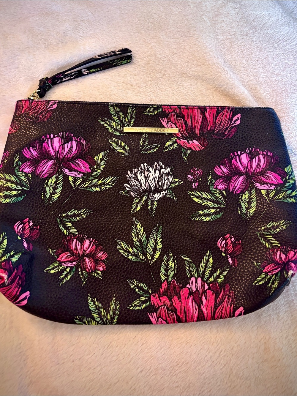 Steve Madden Floral Pouch Makeup Bag Cosmetic Bag Clutch Black Pink Travel